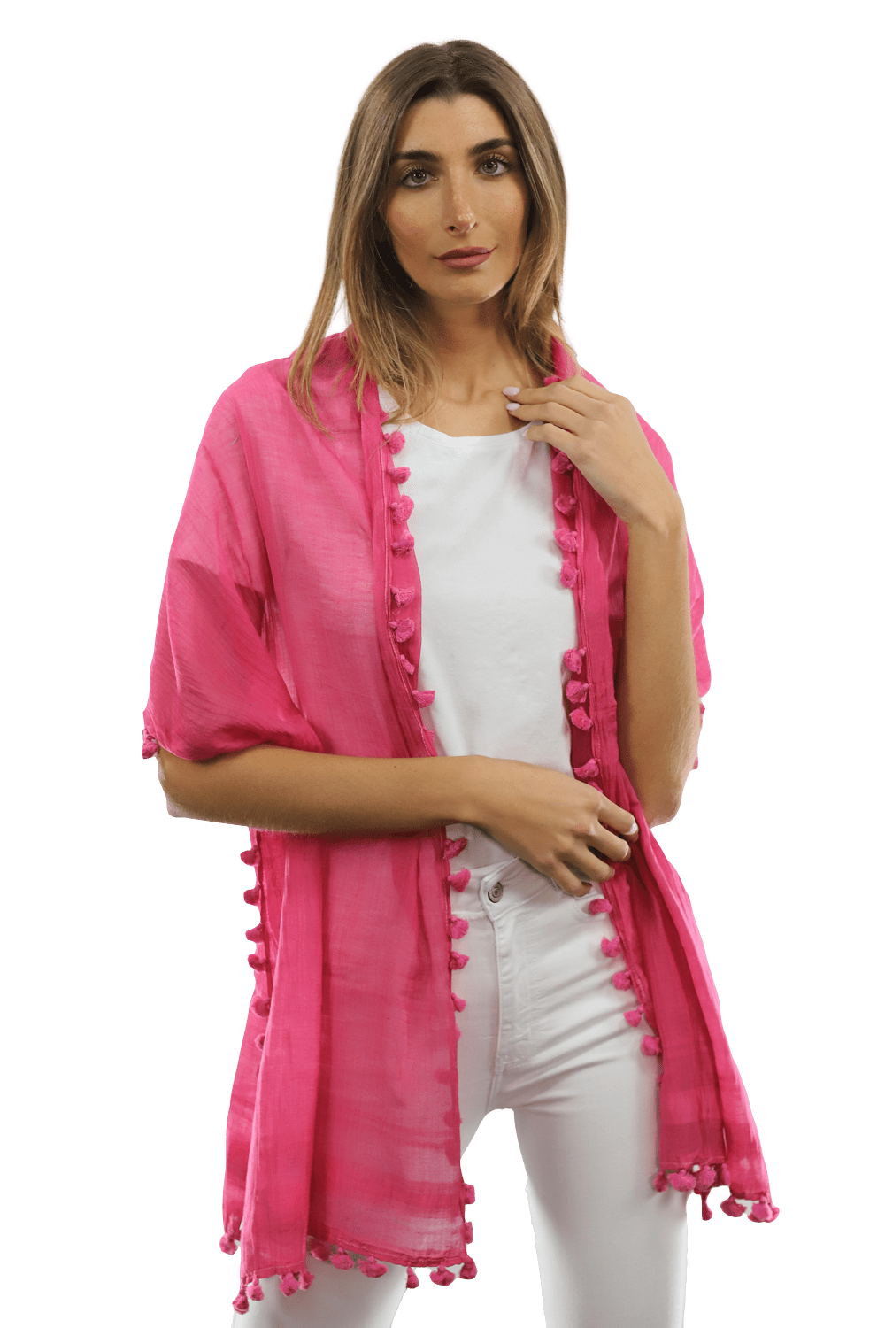 Solid Scarf w/ Pom Poms - Peony - Scarf - La Fiorentina EF-2188S