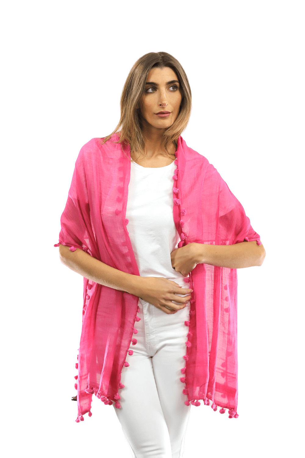 Solid Scarf w/ Pom Poms - Peony - Scarf - La Fiorentina EF-2188S