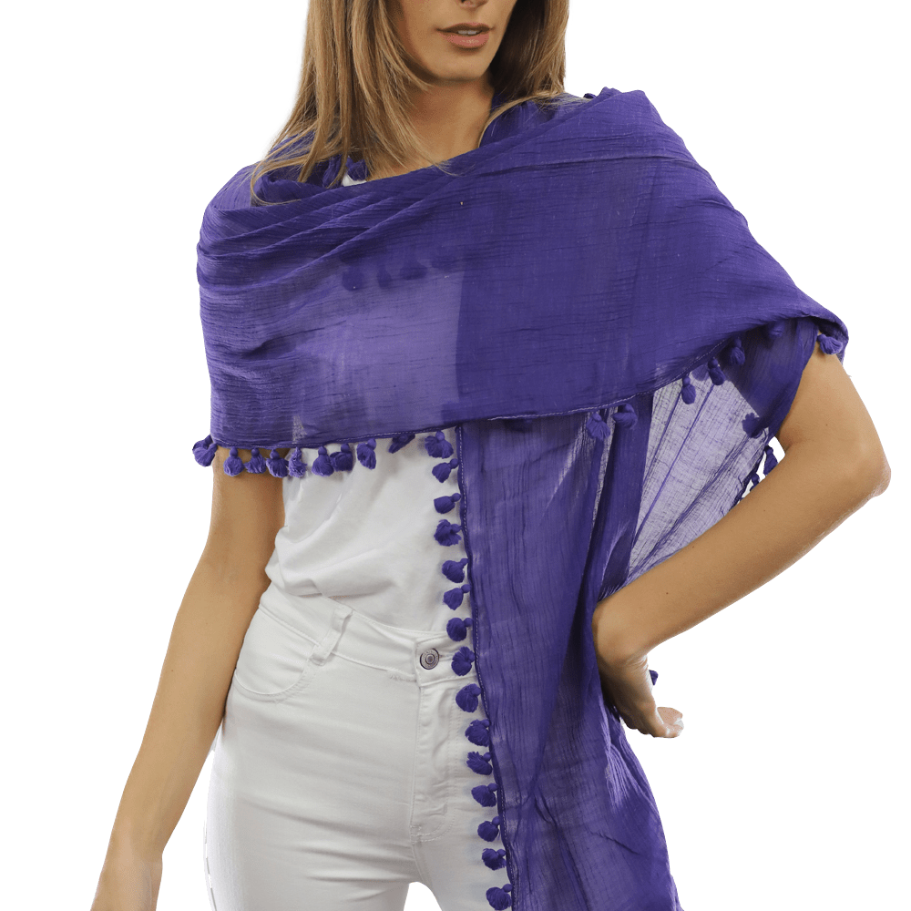 Solid Scarf w/ Pom Poms- Purple - Scarf - La Fiorentina EF-2188S_Purple