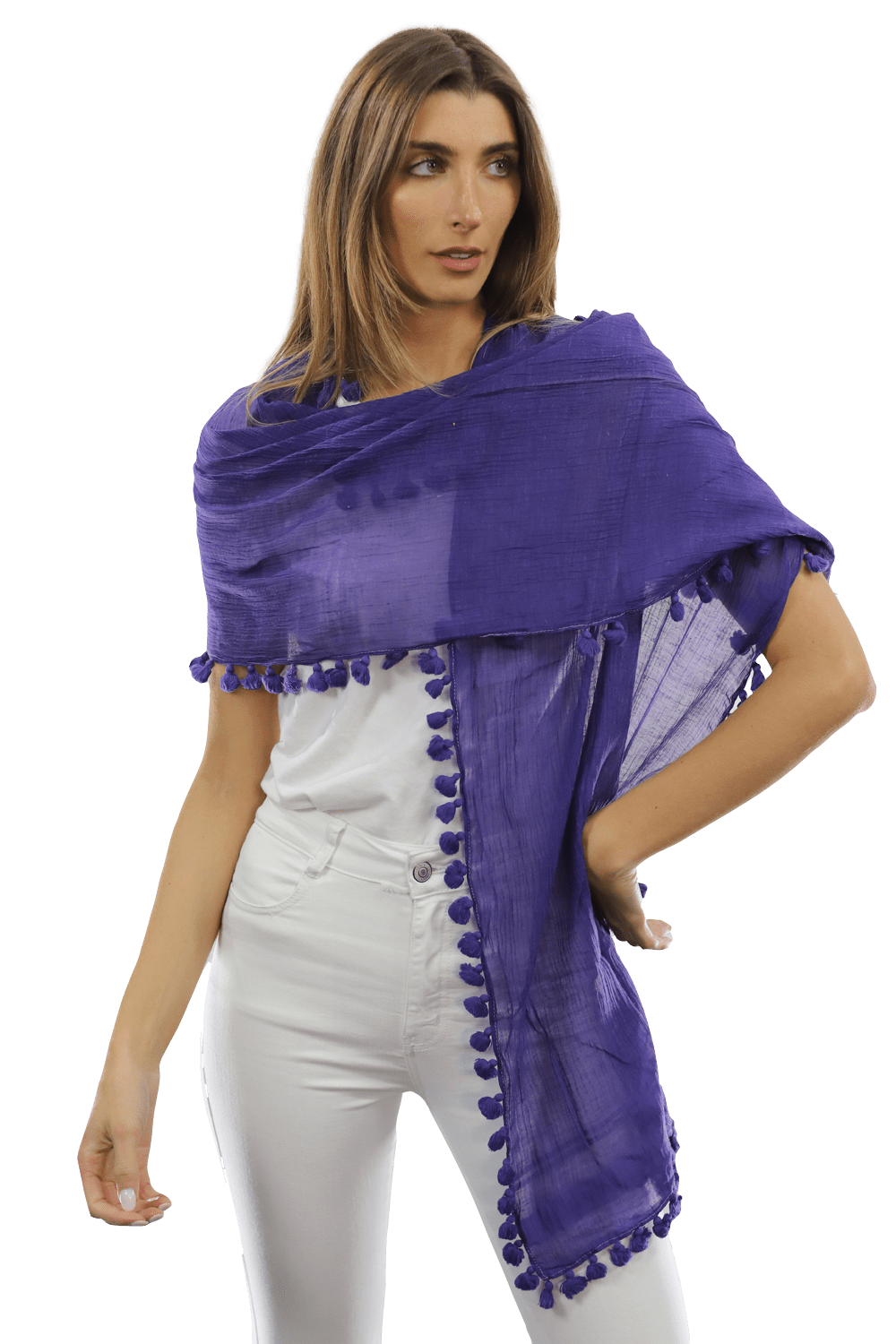 Solid Scarf w/ Pom Poms- Purple - Scarf - La Fiorentina EF-2188S_Purple