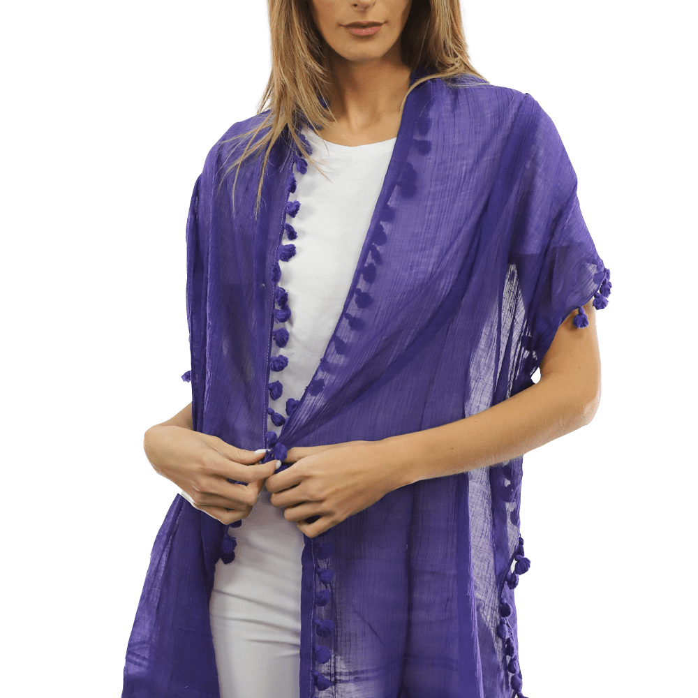 Solid Scarf w/ Pom Poms- Purple - Scarf - La Fiorentina EF-2188S_Purple