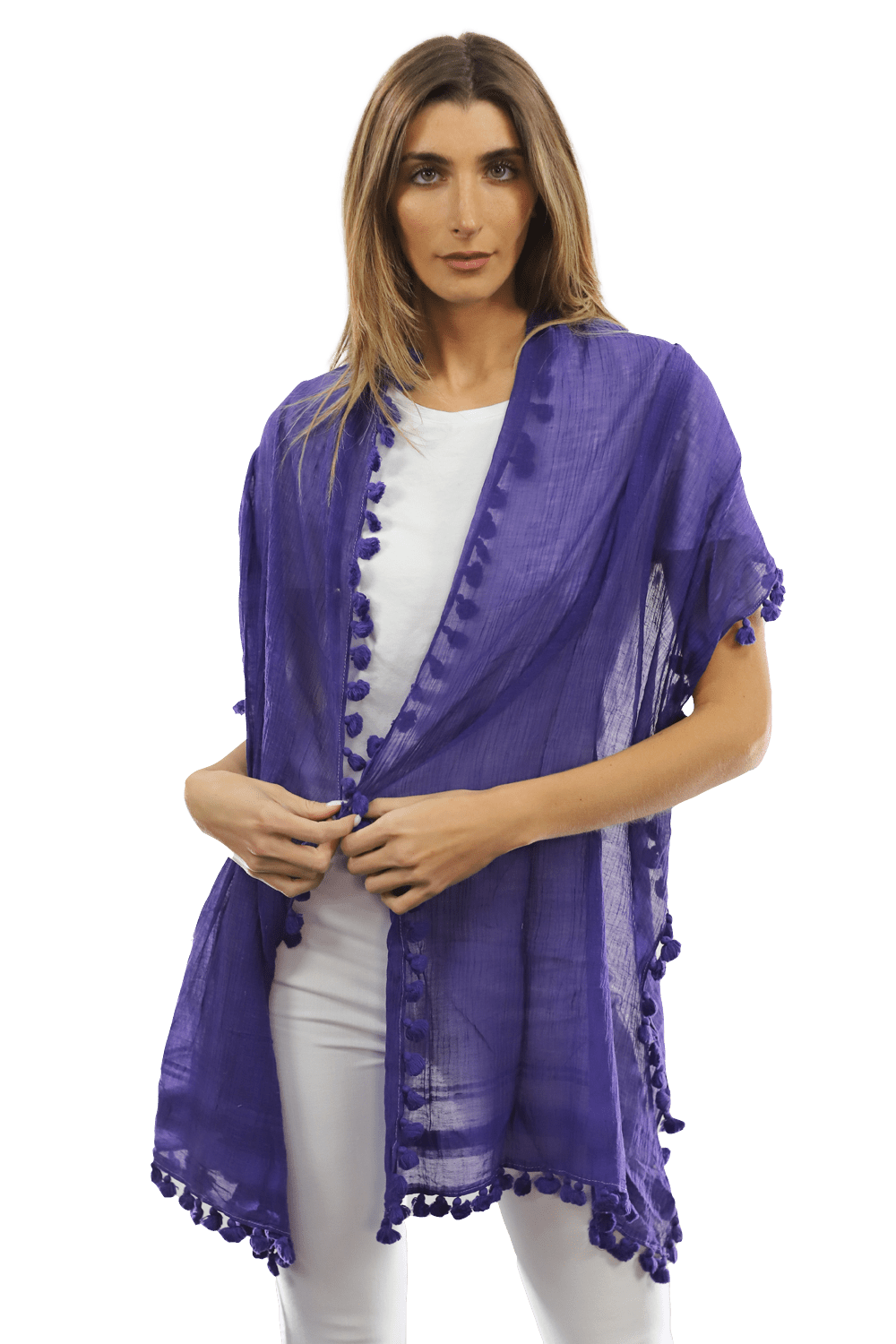 Solid Scarf w/ Pom Poms- Purple - Scarf - La Fiorentina EF-2188S_Purple