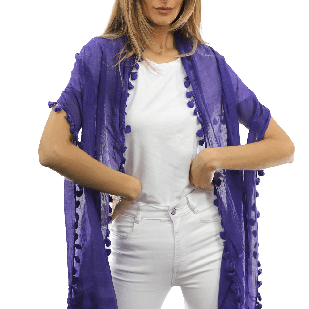 Solid Scarf w/ Pom Poms- Purple - Scarf - La Fiorentina EF-2188S_Purple