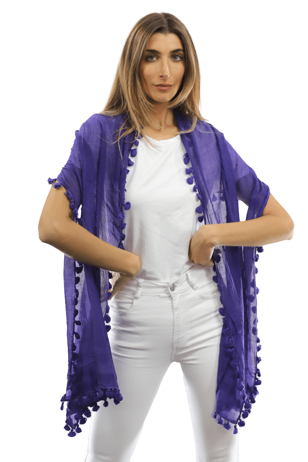 Solid Scarf w/ Pom Poms- Purple - Scarf - La Fiorentina EF-2188S_Purple