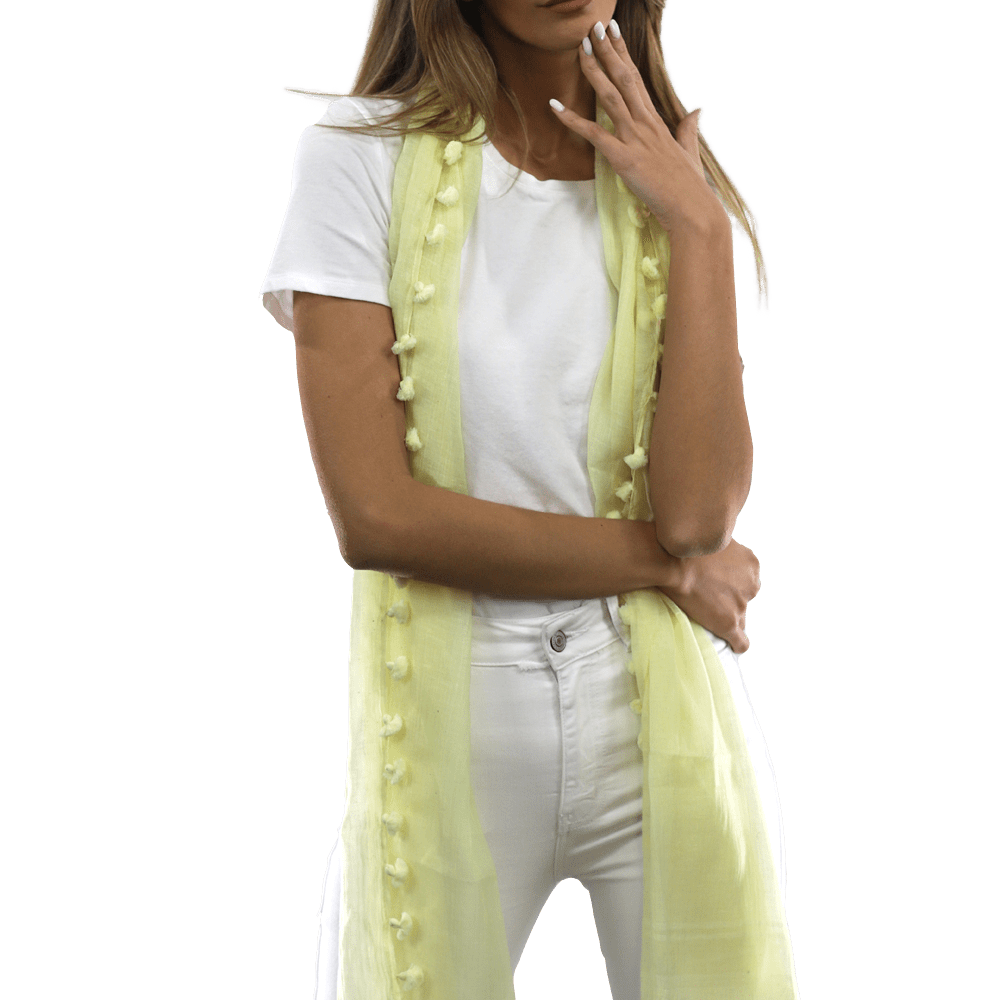 Solid Scarf w/ Pom Poms- Yellow - Scarf - La Fiorentina EF-2188S