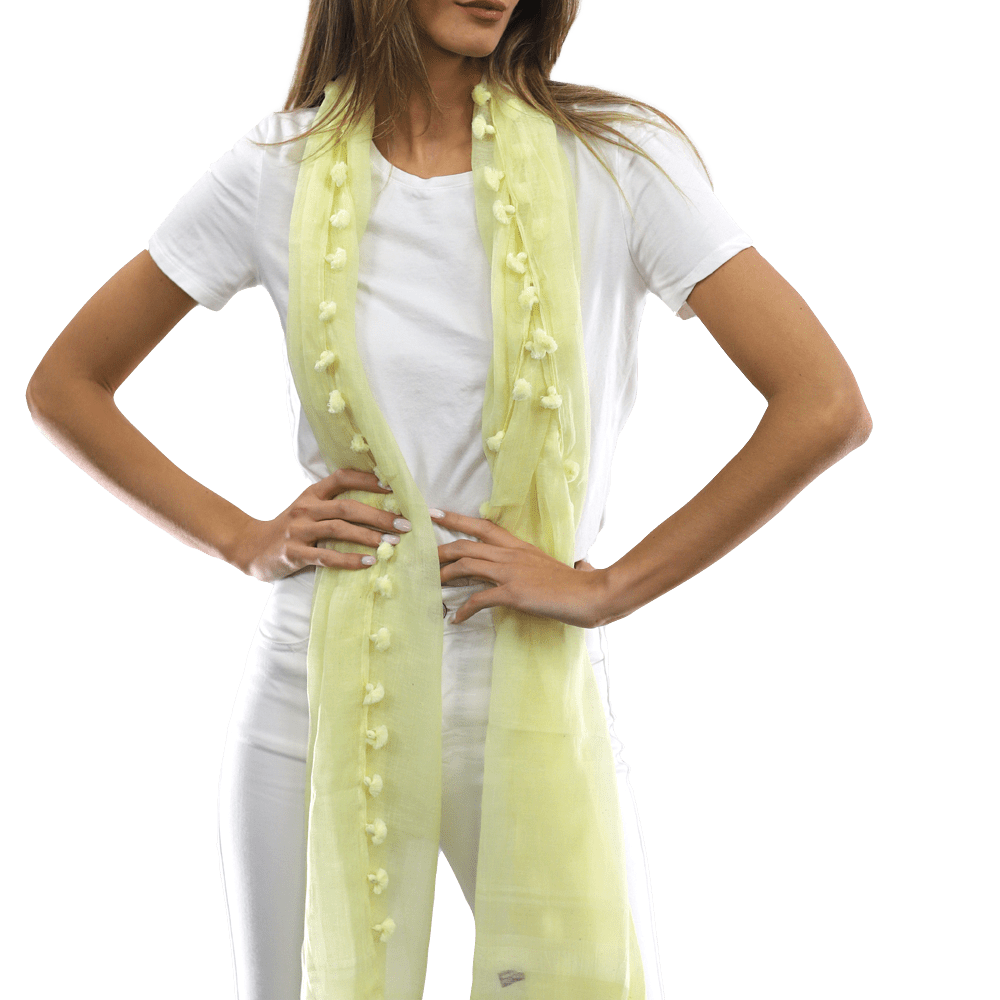 Solid Scarf w/ Pom Poms- Yellow - Scarf - La Fiorentina EF-2188S