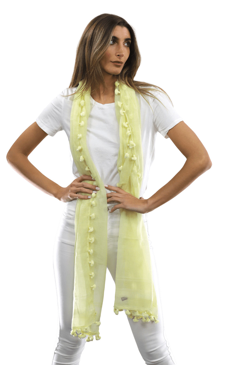 Solid Scarf w/ Pom Poms- Yellow - Scarf - La Fiorentina EF-2188S