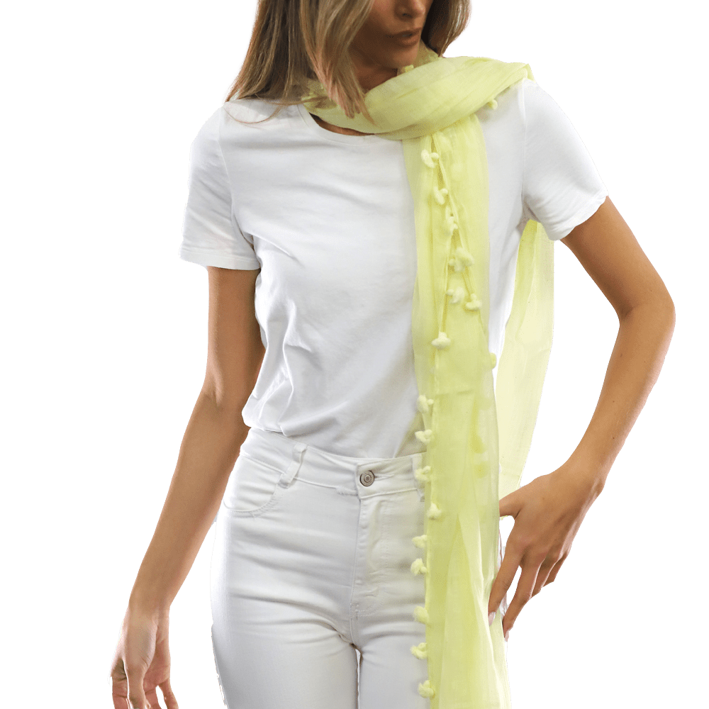 Solid Scarf w/ Pom Poms- Yellow - Scarf - La Fiorentina EF-2188S