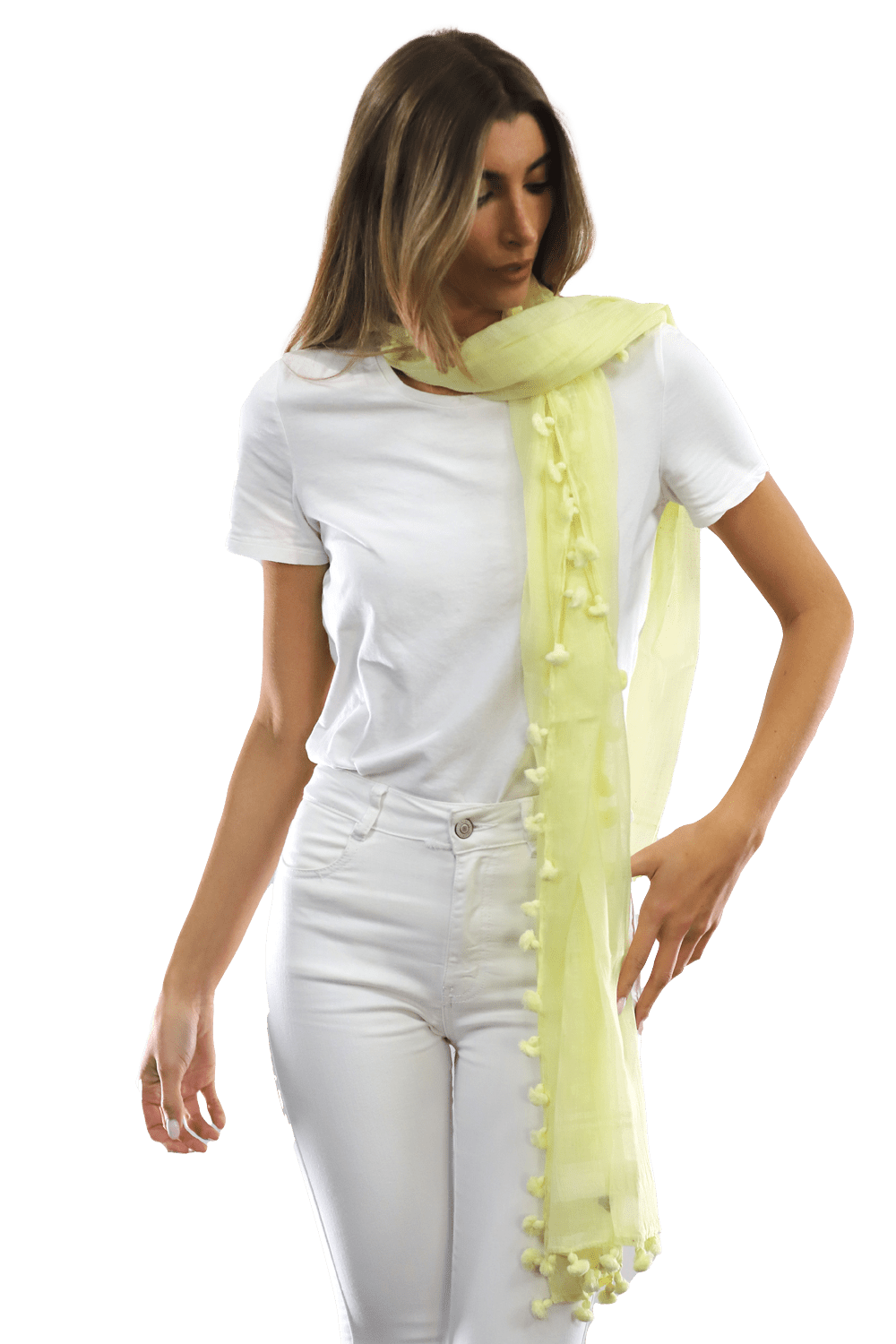 Solid Scarf w/ Pom Poms- Yellow - Scarf - La Fiorentina EF-2188S