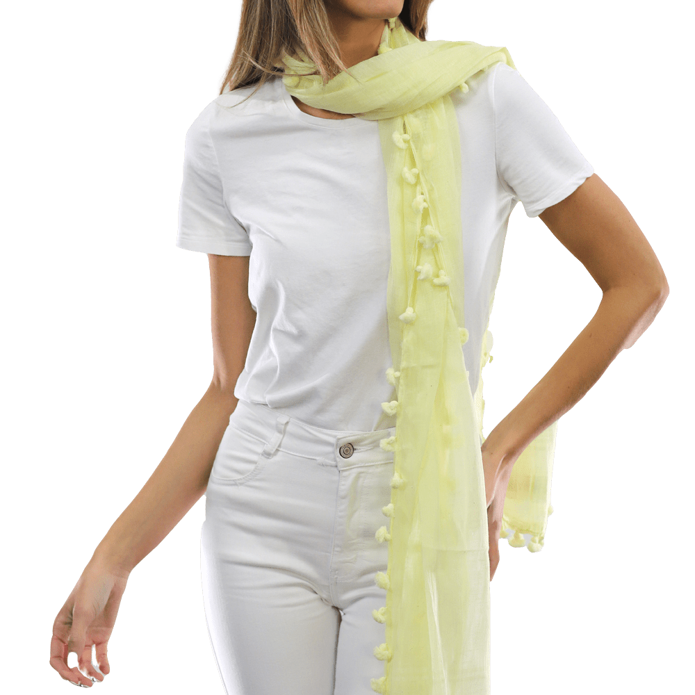 Solid Scarf w/ Pom Poms- Yellow - Scarf - La Fiorentina EF-2188S