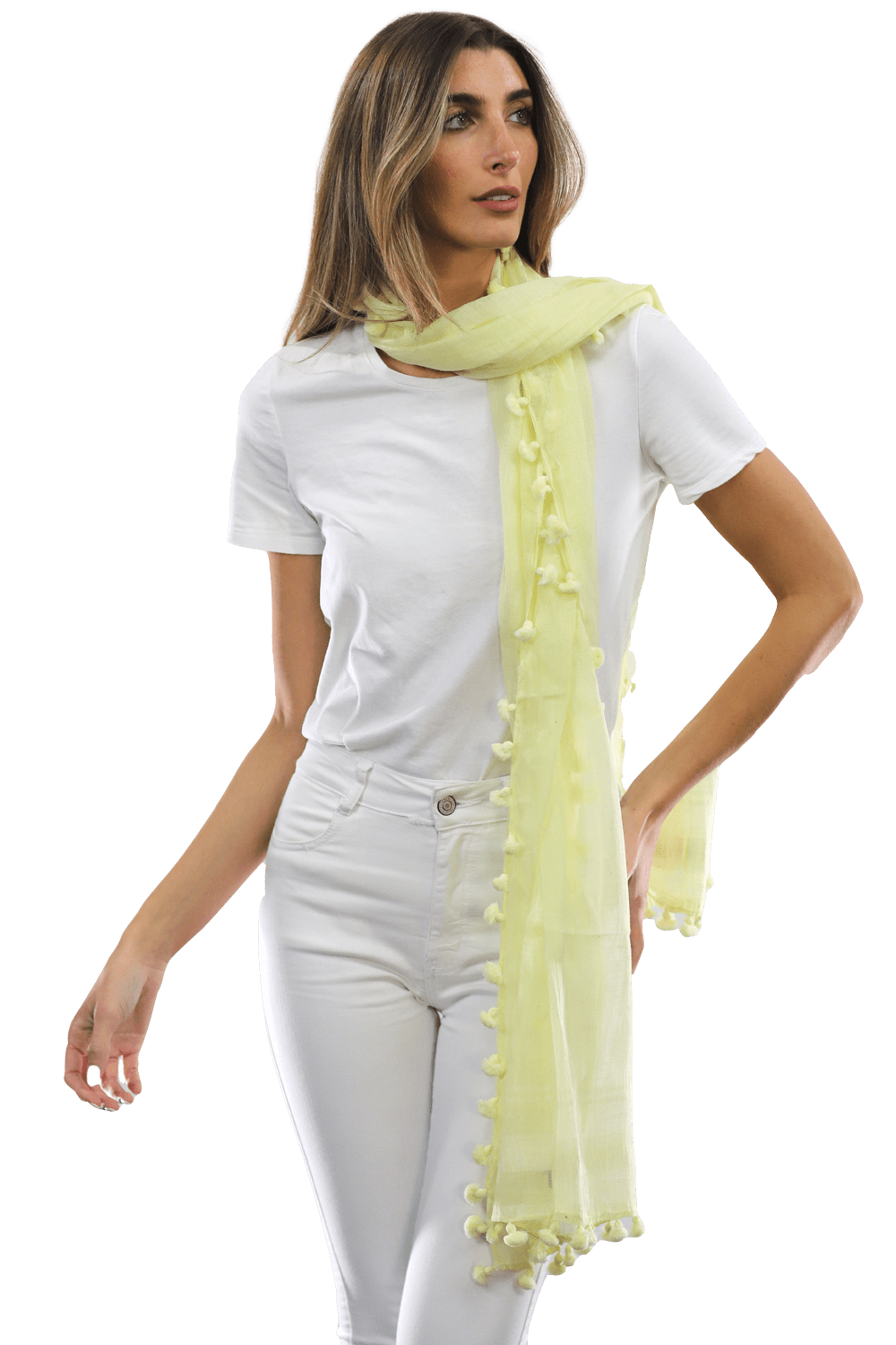 Solid Scarf w/ Pom Poms- Yellow - Scarf - La Fiorentina EF-2188S