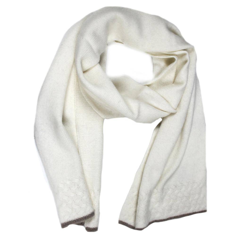 Solid Scarf with cable ends and contract trim - Ivory/Brown - Scarf - La Fiorentina 14WTY092S