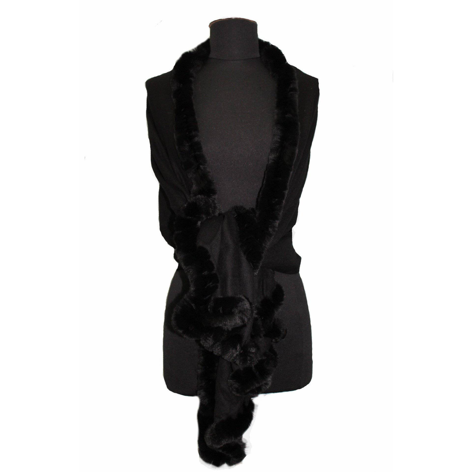 Solid Wrap with Rex Rabbit Fur Trim - Black - Wrap - La Fiorentina CL20805S