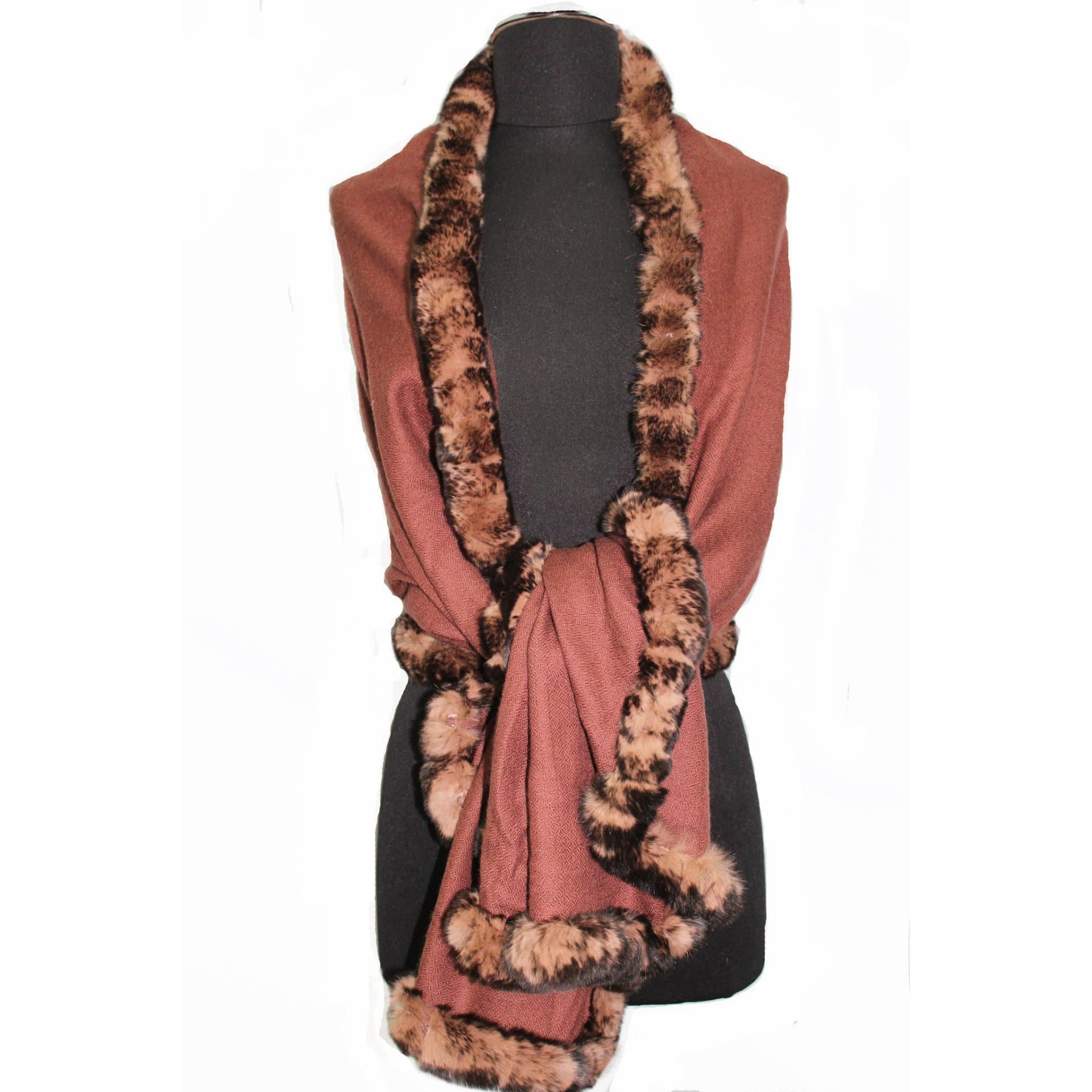 Solid Wrap with Rex Rabbit Fur Trim - Brown - Wrap - La Fiorentina CL20805S