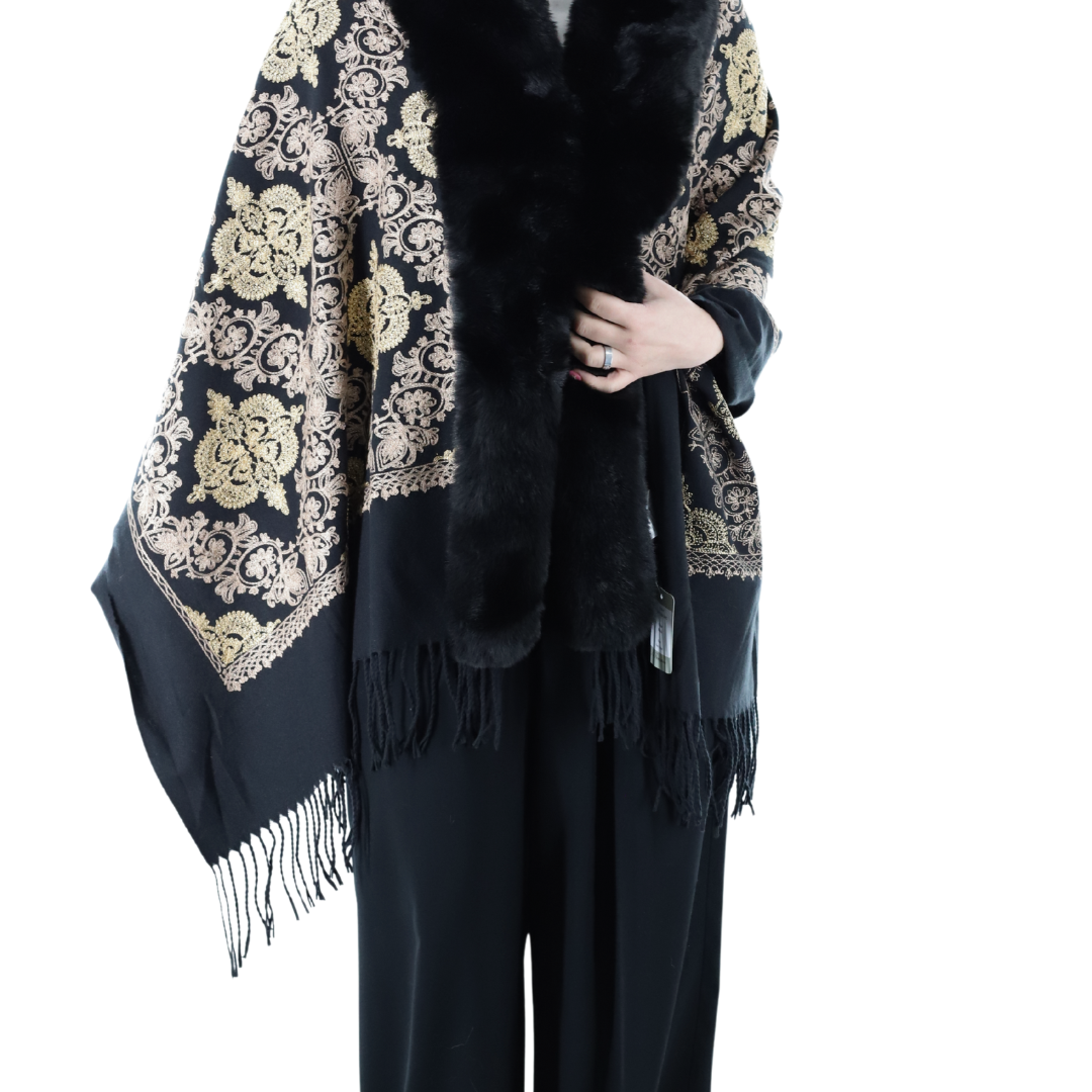 Embroidered Wrap w/ Faux Fur Trim