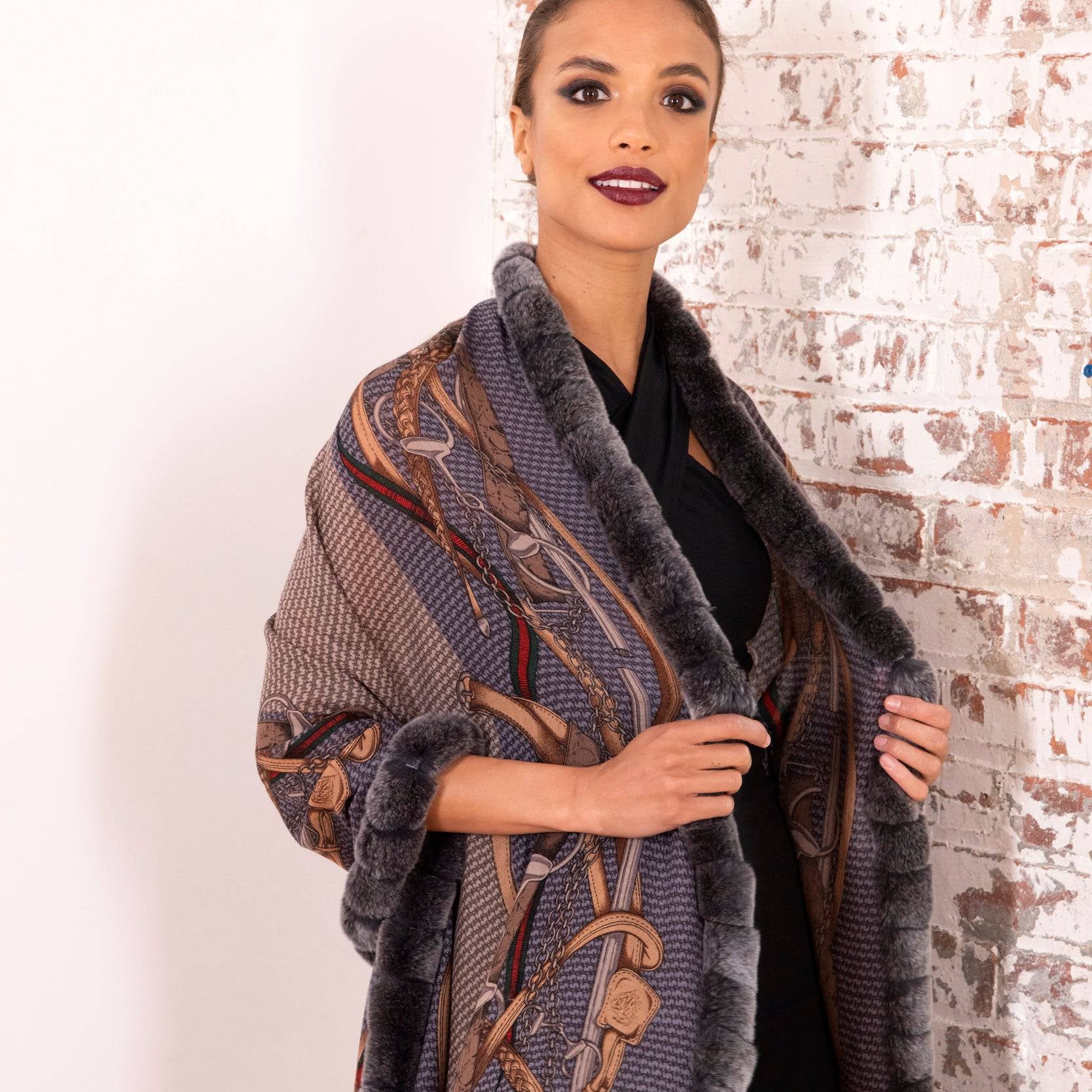 Stylish Print Rex Fur Trim Wrap | by La Fiorentina - Wrap - La Fiorentina TN2106-REX