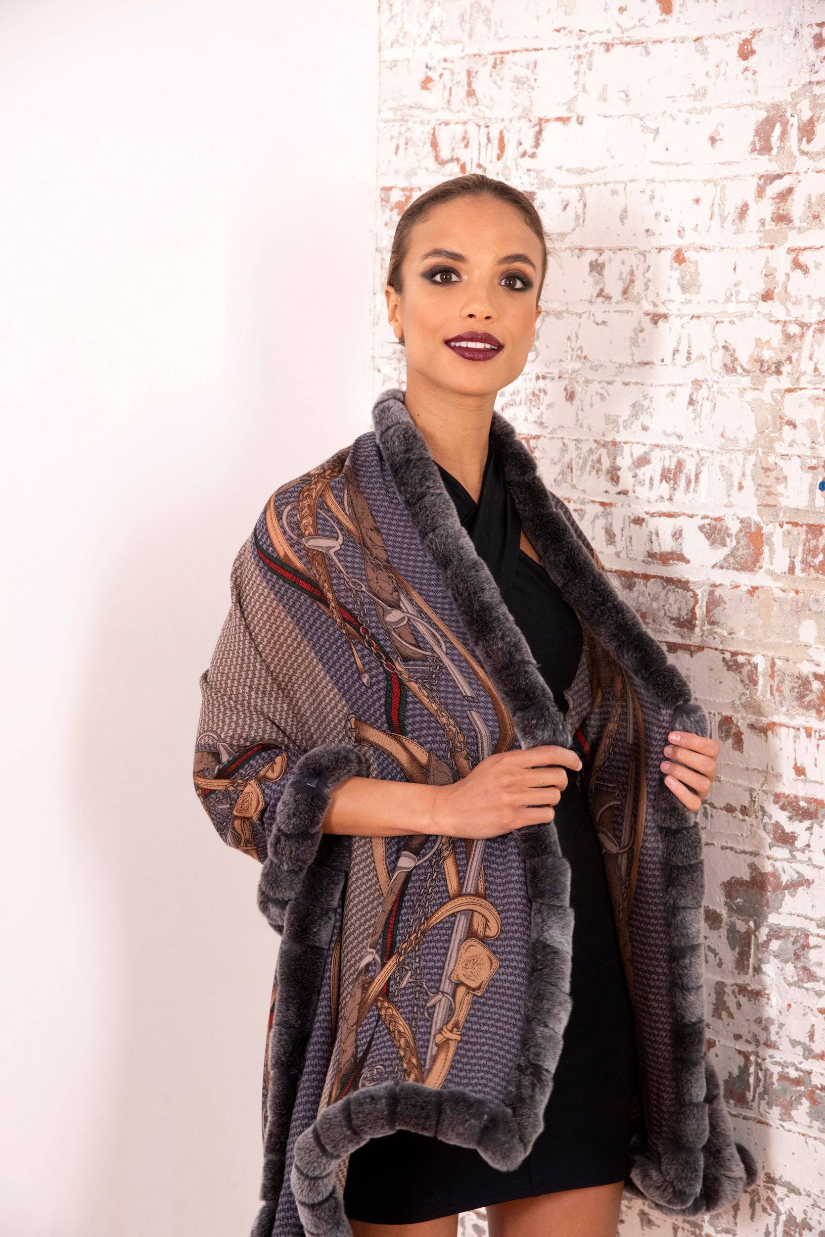 Stylish Print Rex Fur Trim Wrap | by La Fiorentina - Wrap - La Fiorentina TN2106-REX