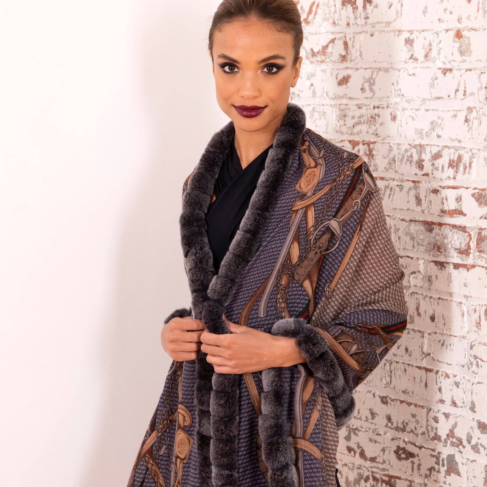 Stylish Print Rex Fur Trim Wrap | by La Fiorentina - Wrap - La Fiorentina TN2106-REX