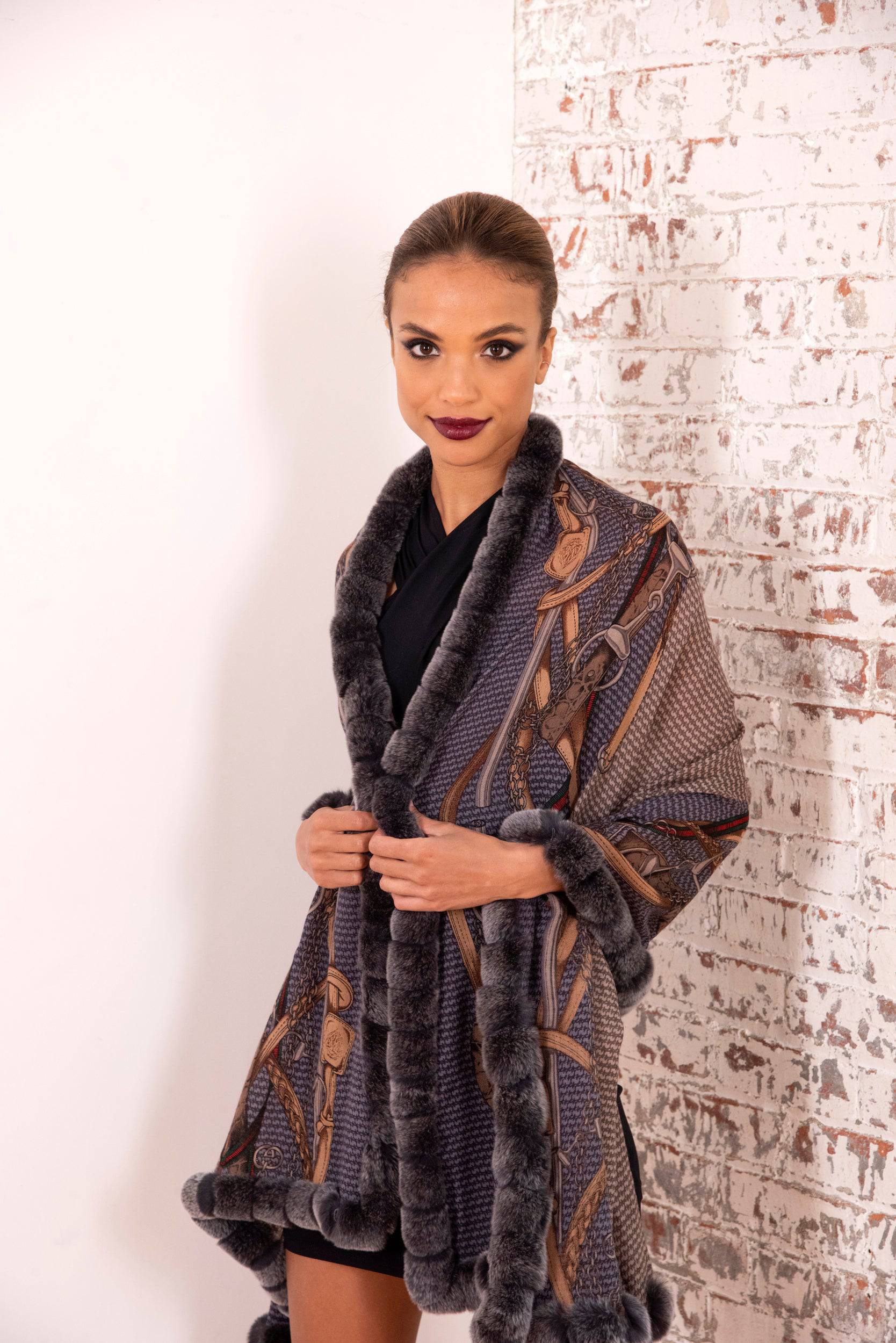 Stylish Print Rex Fur Trim Wrap | by La Fiorentina - Wrap - La Fiorentina TN2106-REX