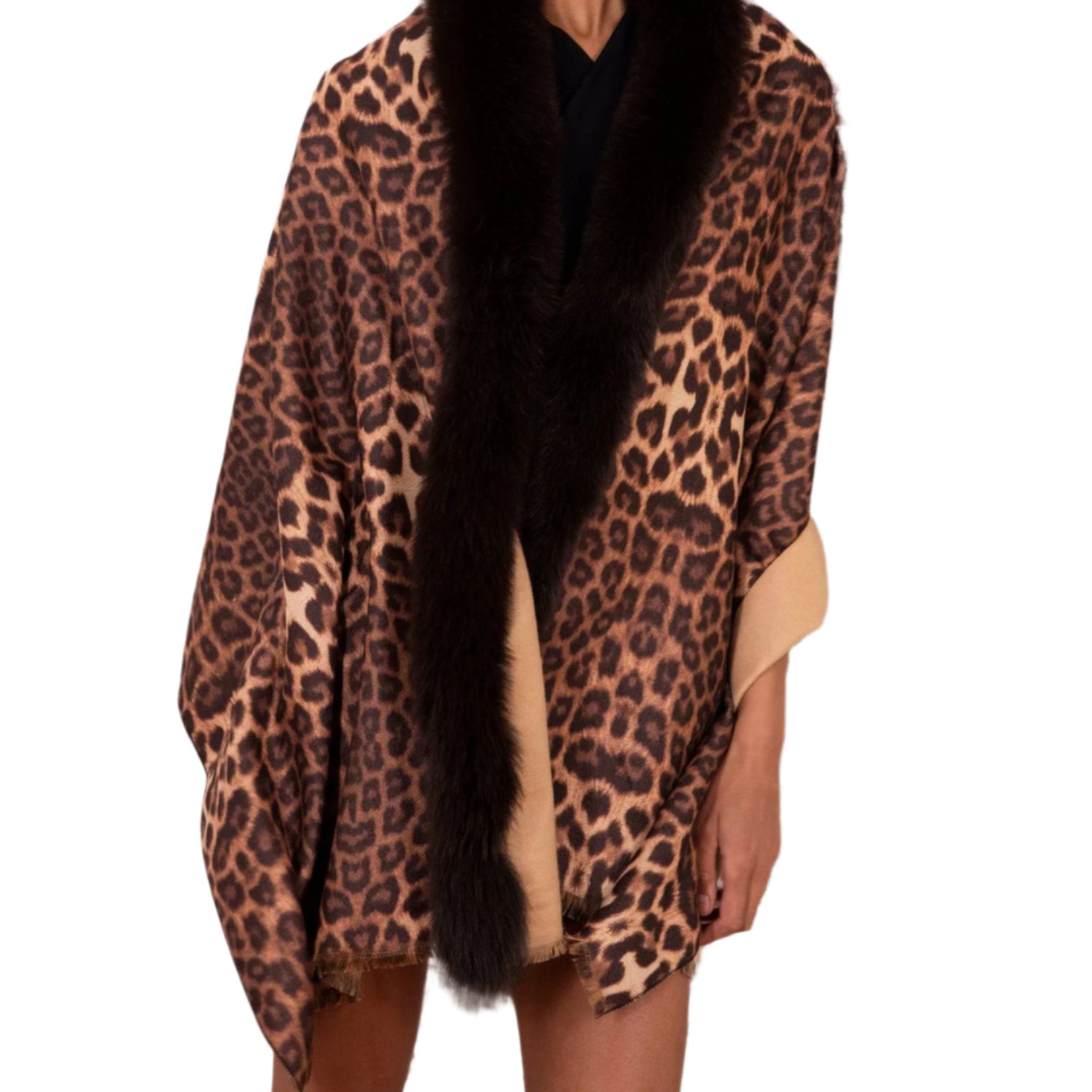 Stylish Wrap with Fox Fur Collar Trim | La Fiorentina - Wrap - La Fiorentina TNW202-803_natural