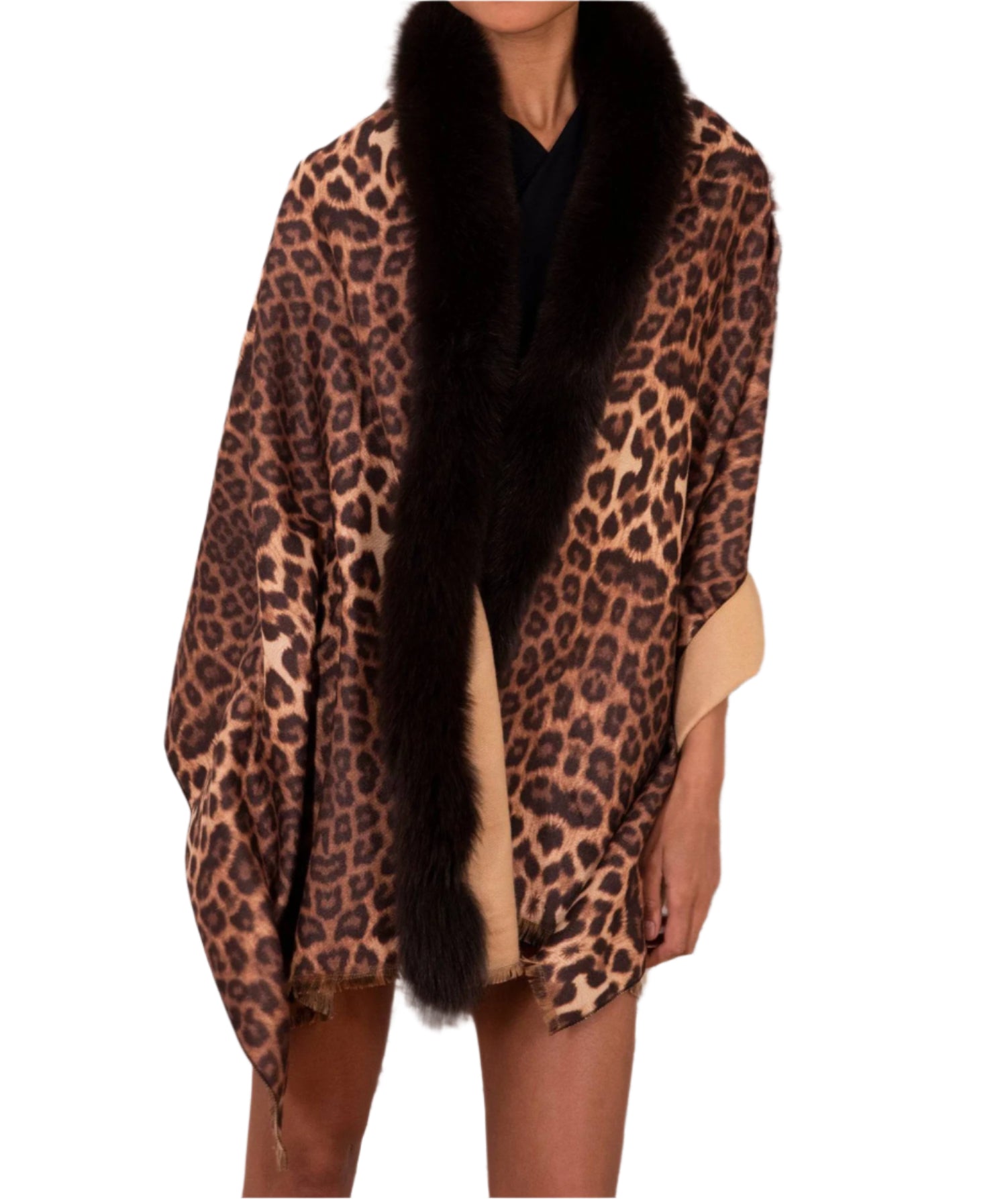 Stylish Wrap with Fox Fur Collar Trim | La Fiorentina - Wrap - La Fiorentina TNW202-803_natural