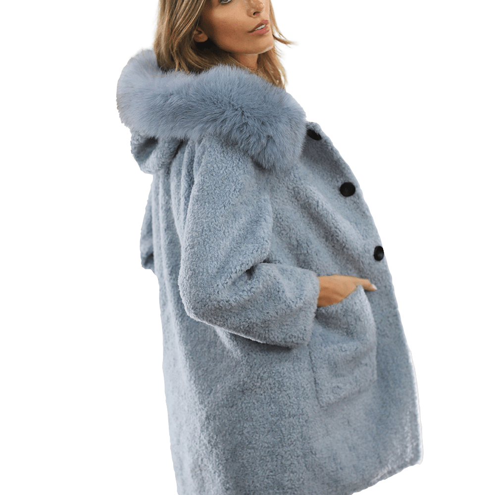 Teddy Coat with Fox Trim Hood - BLUE - Coat - La Fiorentina TNF212_BLUE