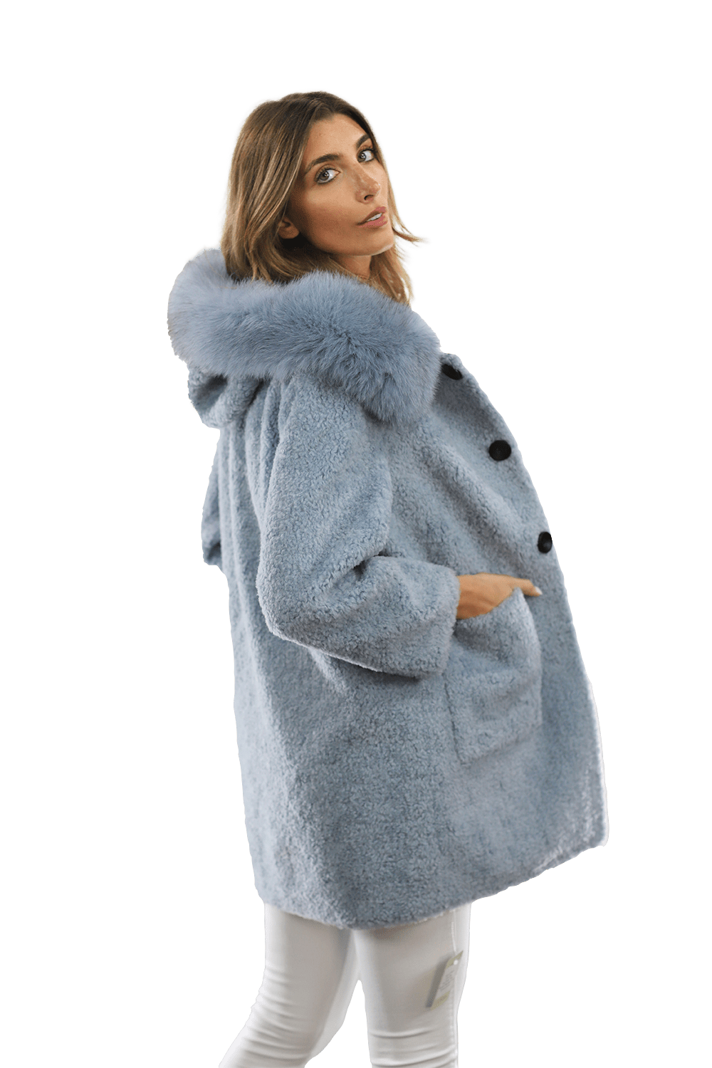 Teddy Coat with Fox Trim Hood - BLUE - Coat - La Fiorentina TNF212_BLUE