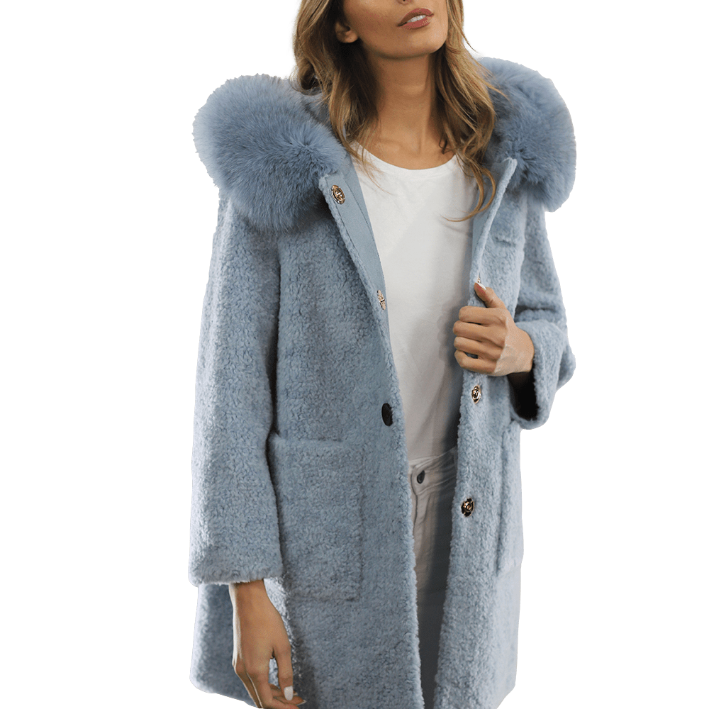 Teddy Coat with Fox Trim Hood - BLUE - Coat - La Fiorentina TNF212_BLUE