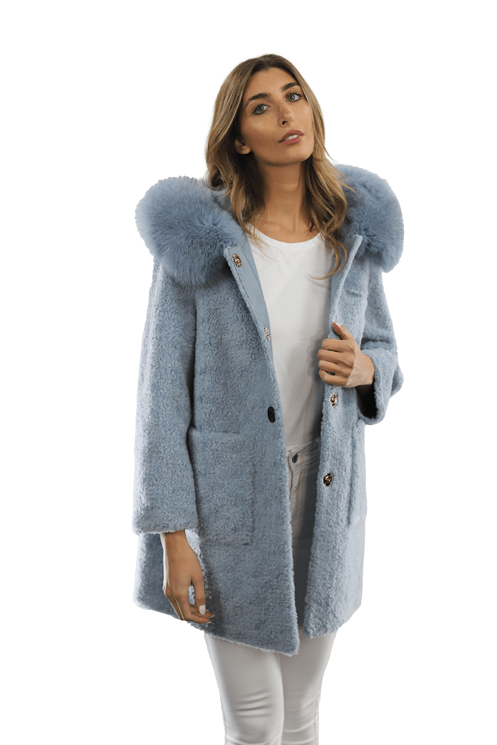 Teddy Coat with Fox Trim Hood - BLUE - Coat - La Fiorentina TNF212_BLUE