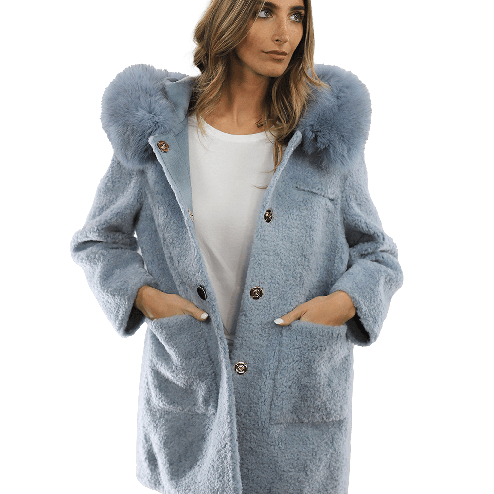 Teddy Coat with Fox Trim Hood - BLUE - Coat - La Fiorentina TNF212_BLUE