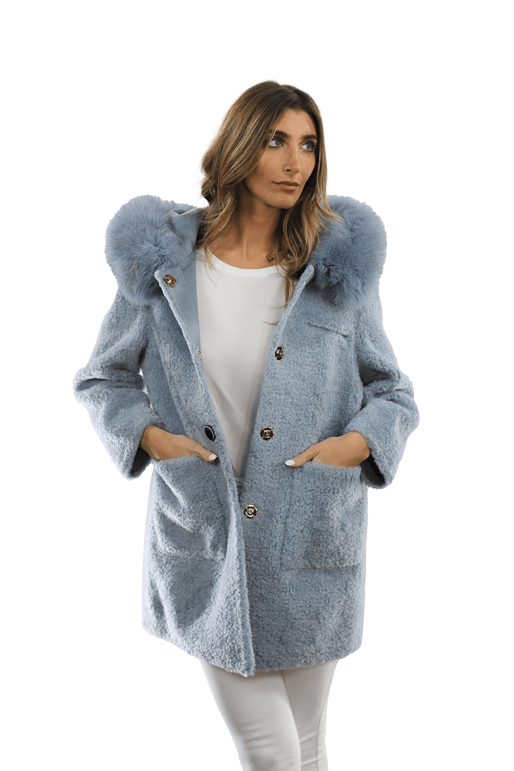 Teddy Coat with Fox Trim Hood - BLUE - Coat - La Fiorentina TNF212_BLUE