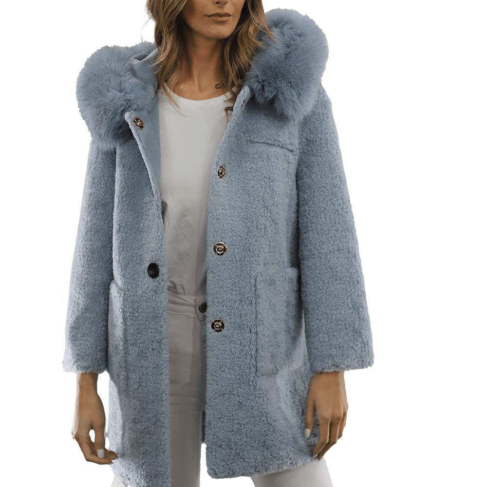 Teddy Coat with Fox Trim Hood - BLUE - Coat - La Fiorentina TNF212_BLUE
