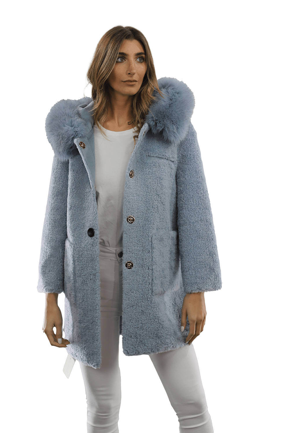 Teddy Coat with Fox Trim Hood - BLUE - Coat - La Fiorentina TNF212_BLUE