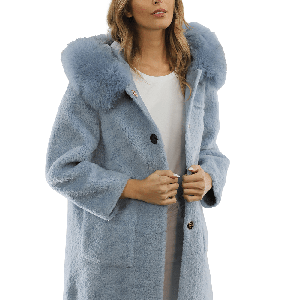 Teddy Coat with Fox Trim Hood - BLUE - Coat - La Fiorentina TNF212_BLUE