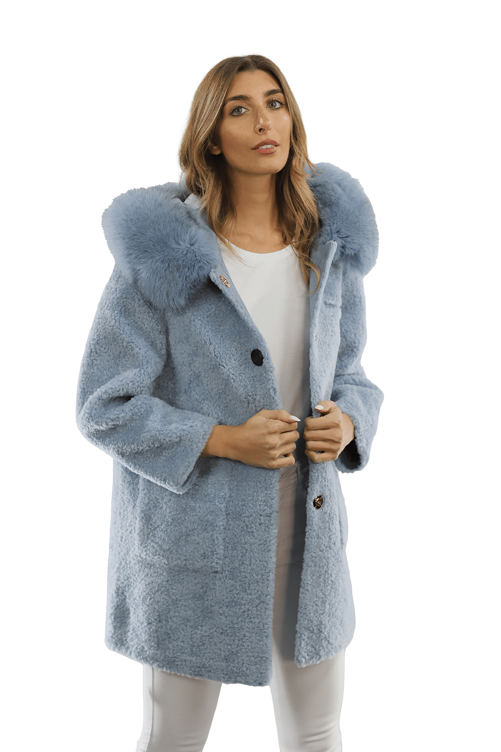 Teddy Coat with Fox Trim Hood - BLUE - Coat - La Fiorentina TNF212_BLUE