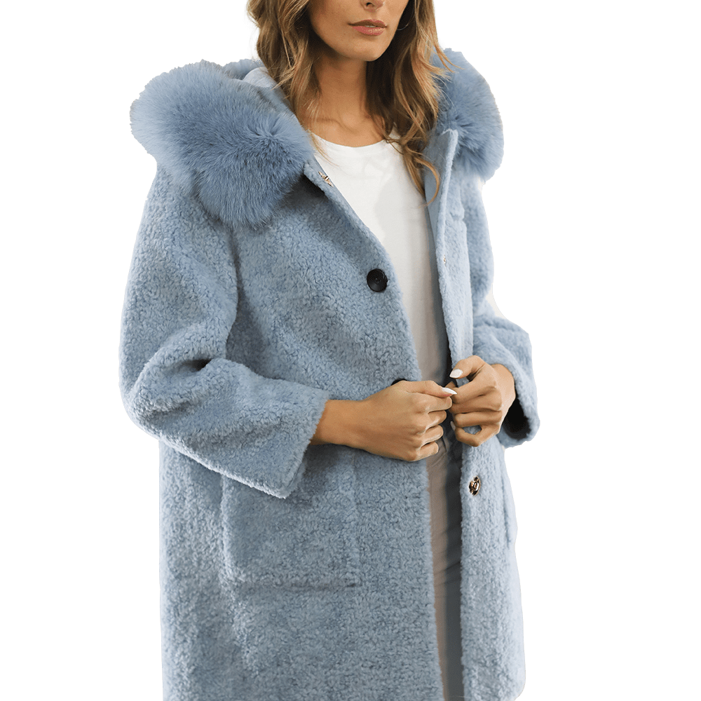 Teddy Coat with Fox Trim Hood - BLUE - Coat - La Fiorentina TNF212_BLUE