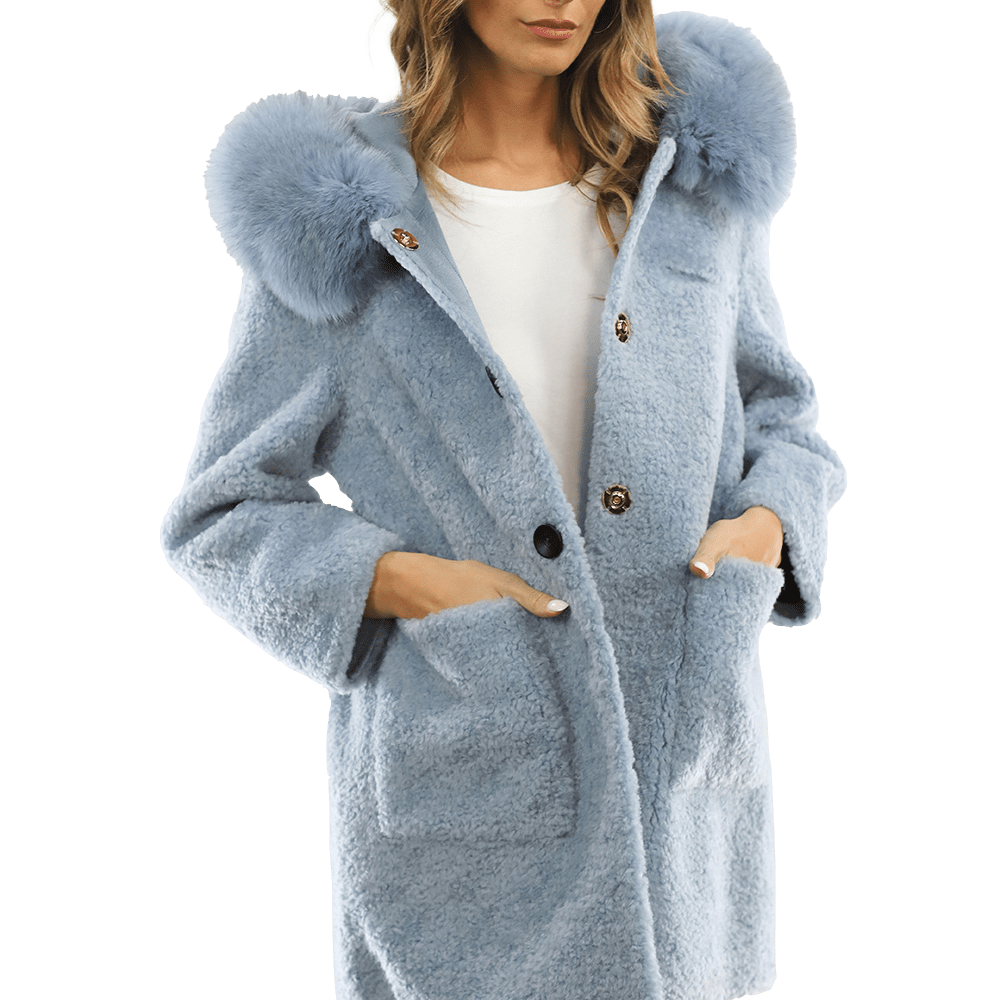 Teddy Coat with Fox Trim Hood - BLUE - Coat - La Fiorentina TNF212_BLUE