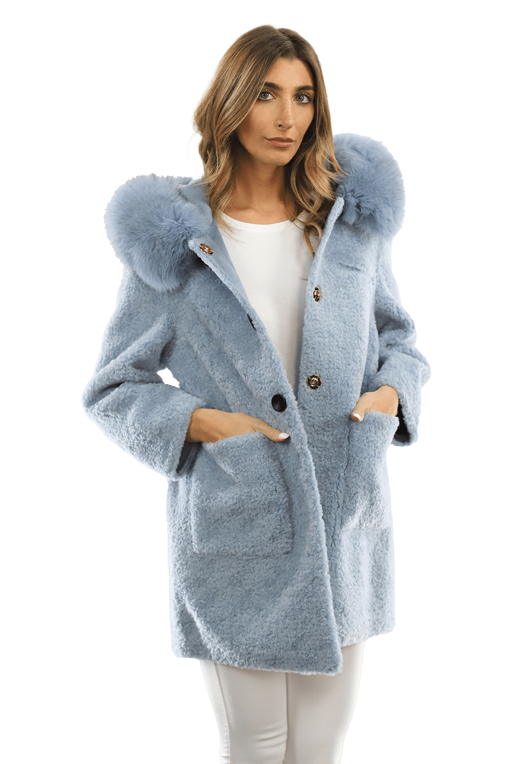 Teddy Coat with Fox Trim Hood - BLUE - Coat - La Fiorentina TNF212_BLUE