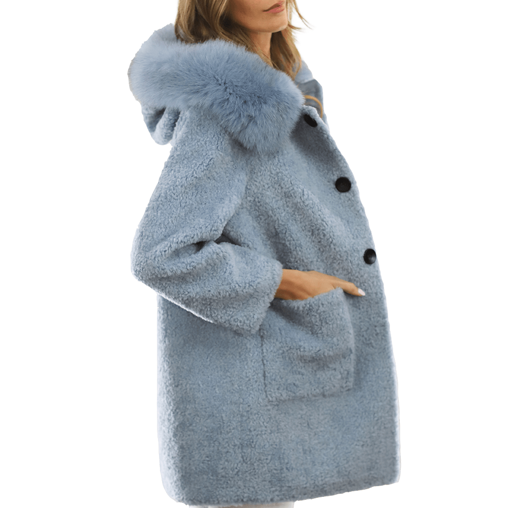 Teddy Coat with Fox Trim Hood - BLUE - Coat - La Fiorentina TNF212_BLUE