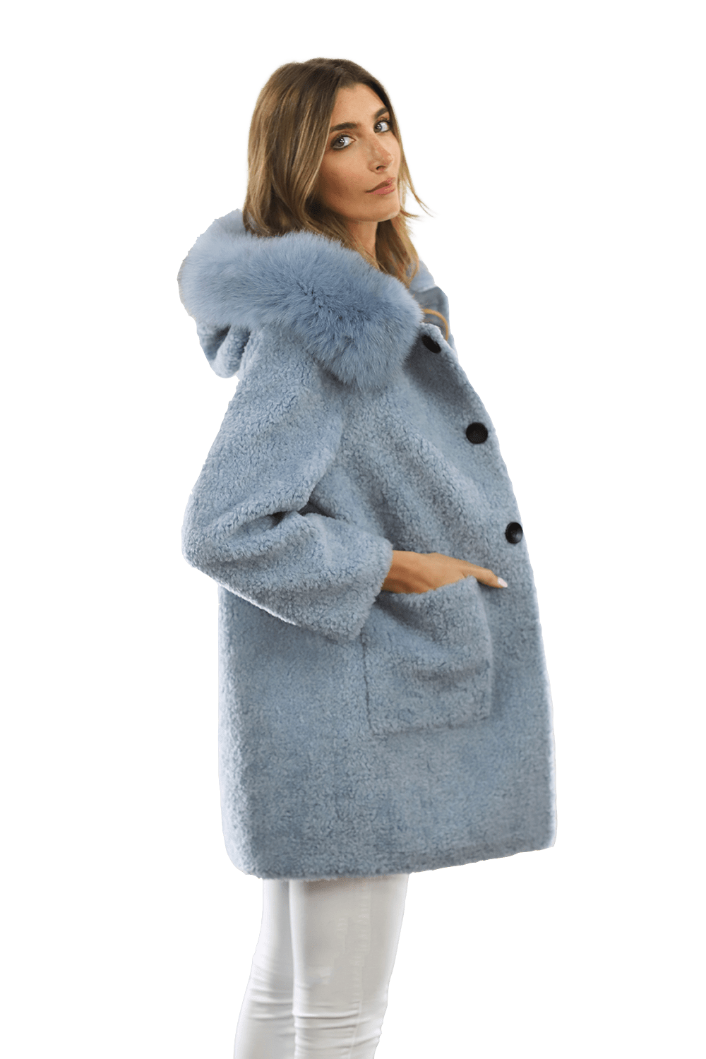 Teddy Coat with Fox Trim Hood - BLUE - Coat - La Fiorentina TNF212_BLUE