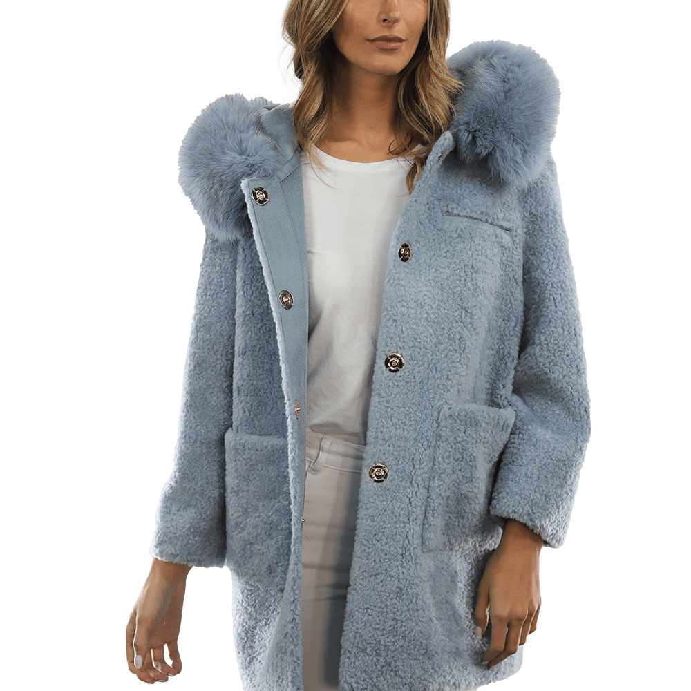 Teddy Coat with Fox Trim Hood - BLUE - Coat - La Fiorentina TNF212_BLUE