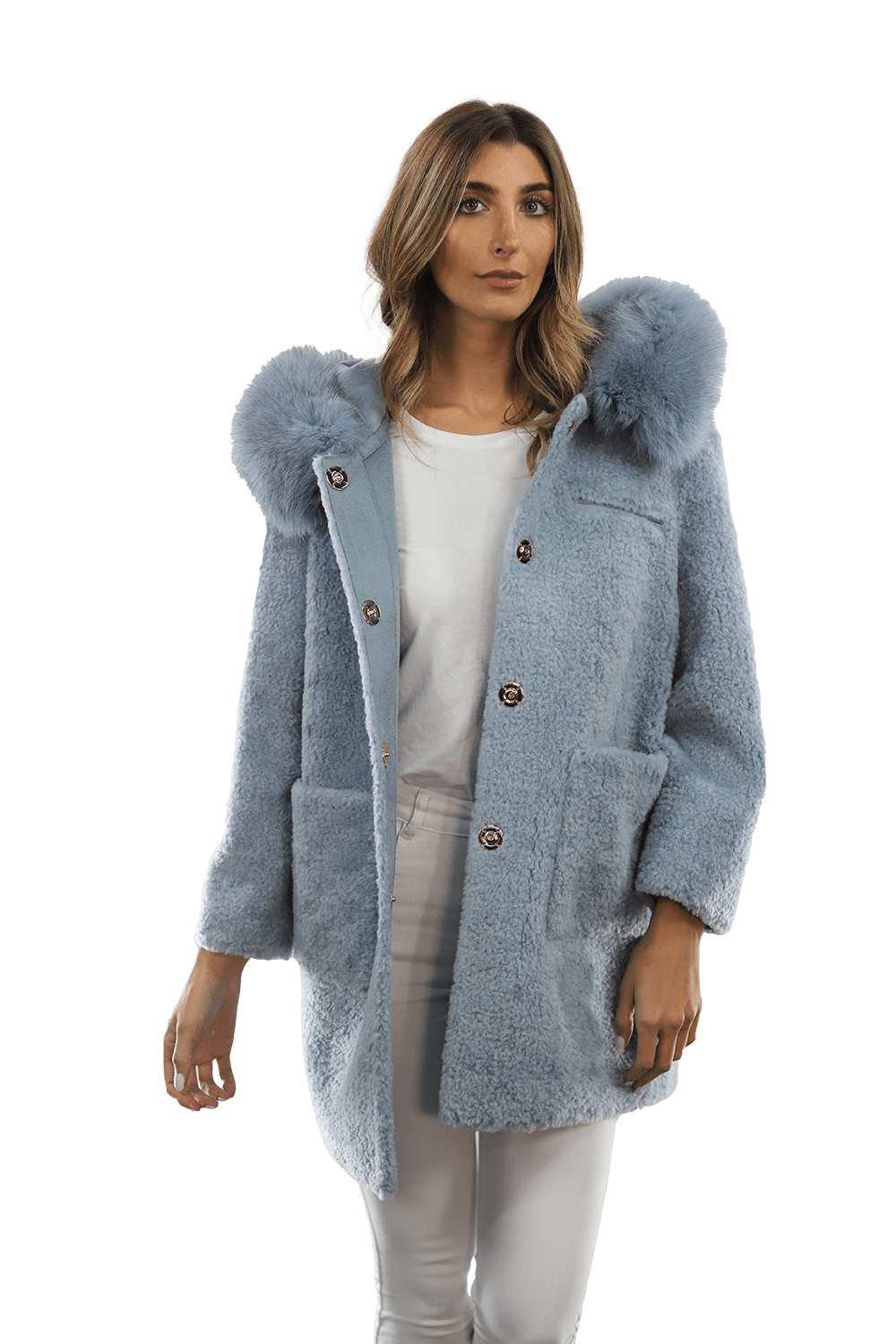 Teddy Coat with Fox Trim Hood - BLUE - Coat - La Fiorentina TNF212_BLUE