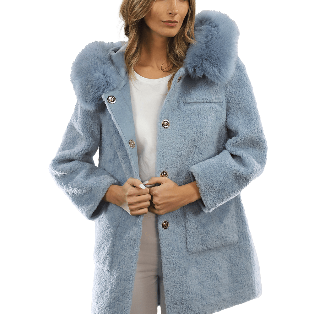 Teddy Coat with Fox Trim Hood - BLUE - Coat - La Fiorentina TNF212_BLUE