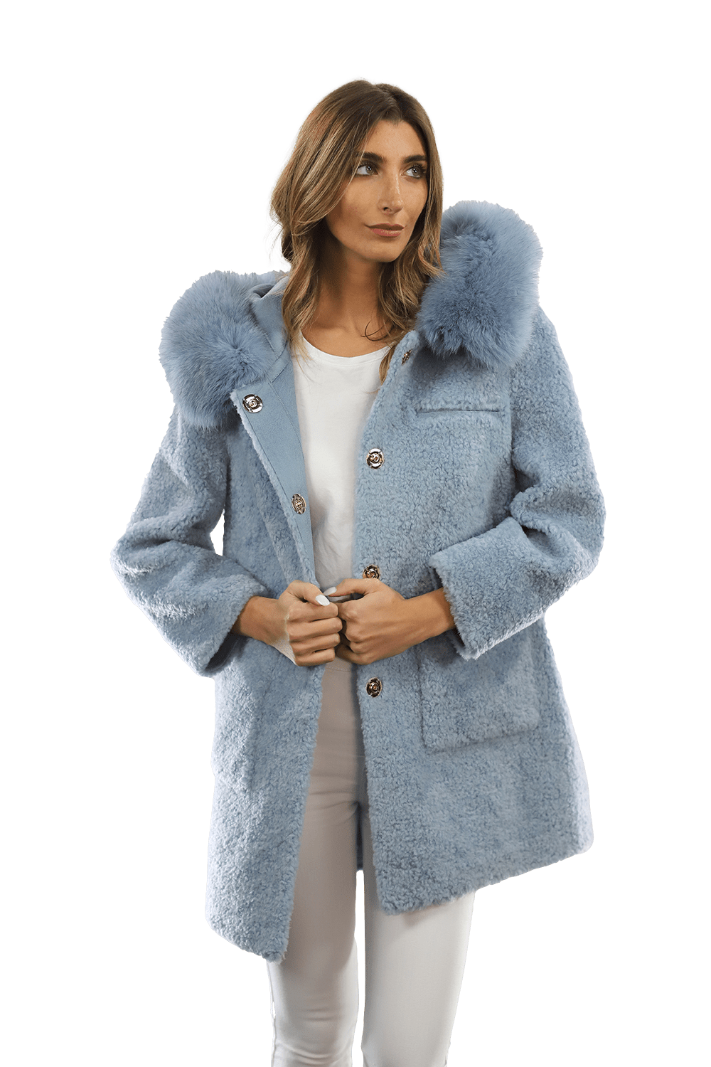 Teddy Coat with Fox Trim Hood - BLUE - Coat - La Fiorentina TNF212_BLUE