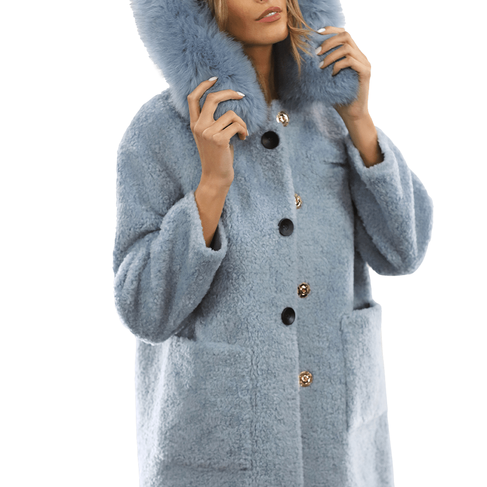 Teddy Coat with Fox Trim Hood - BLUE - Coat - La Fiorentina TNF212_BLUE