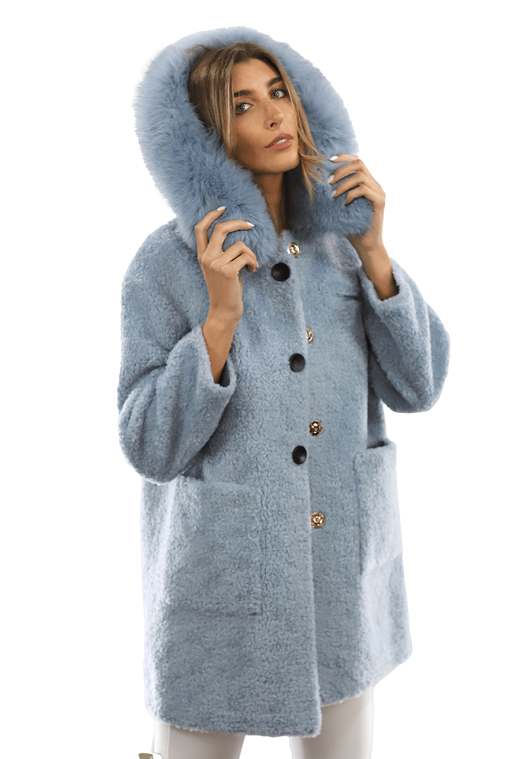 Teddy Coat with Fox Trim Hood - BLUE - Coat - La Fiorentina TNF212_BLUE