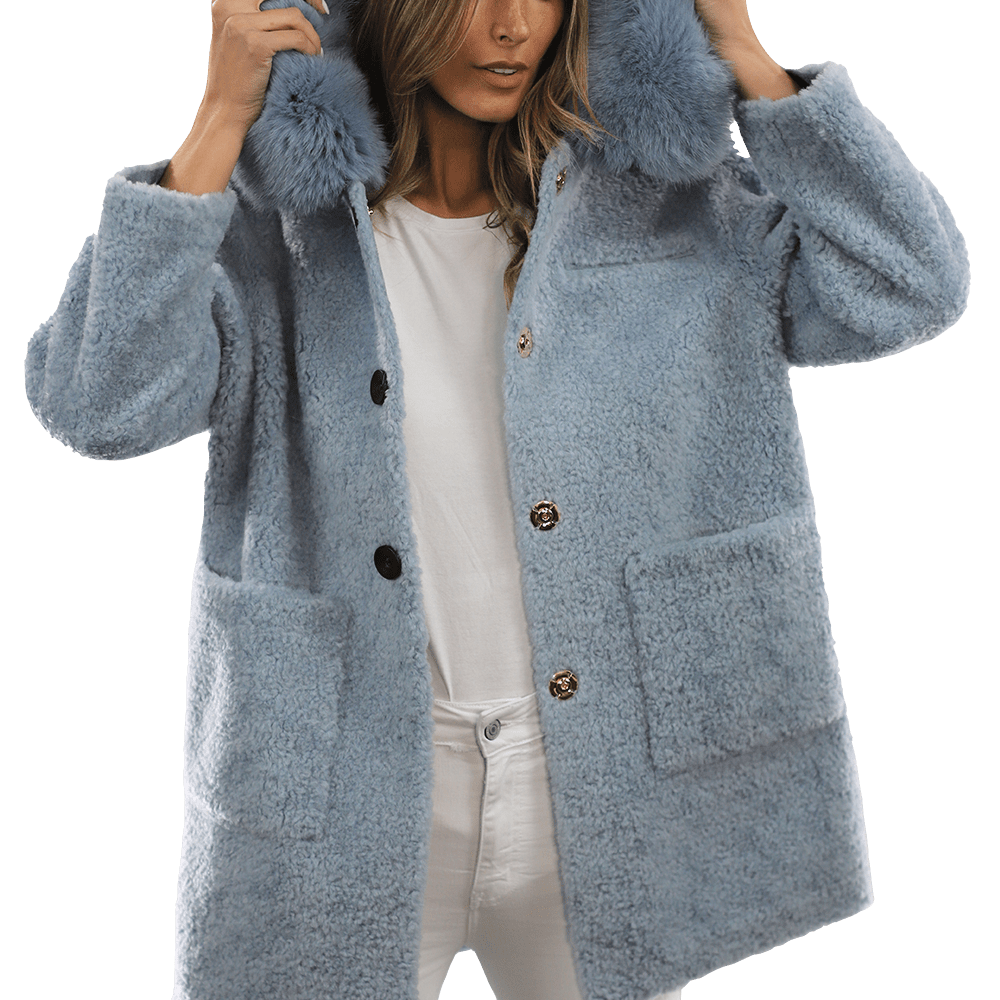 Teddy Coat with Fox Trim Hood - BLUE - Coat - La Fiorentina TNF212_BLUE