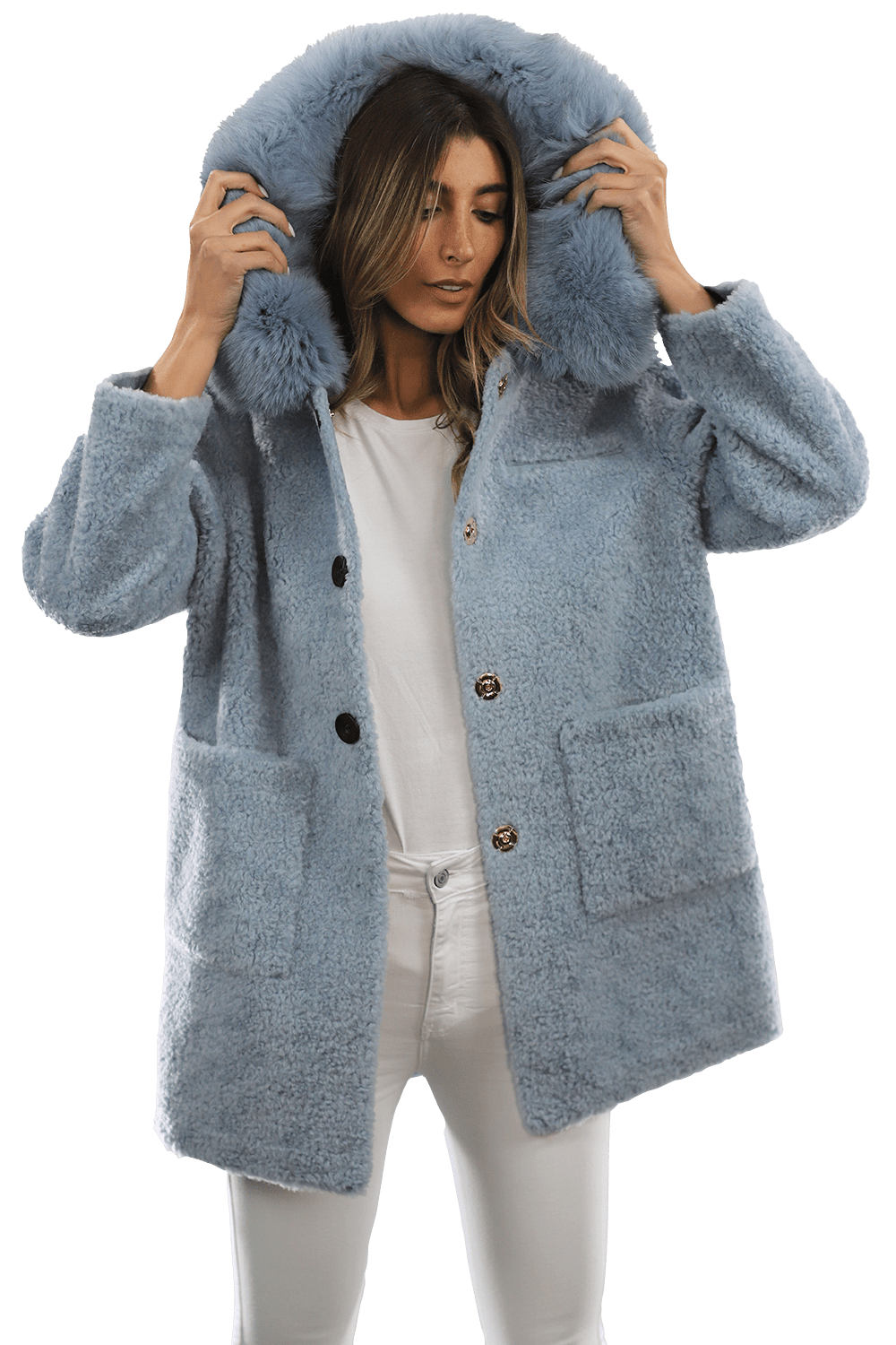 Teddy Coat with Fox Trim Hood - BLUE - Coat - La Fiorentina TNF212_BLUE