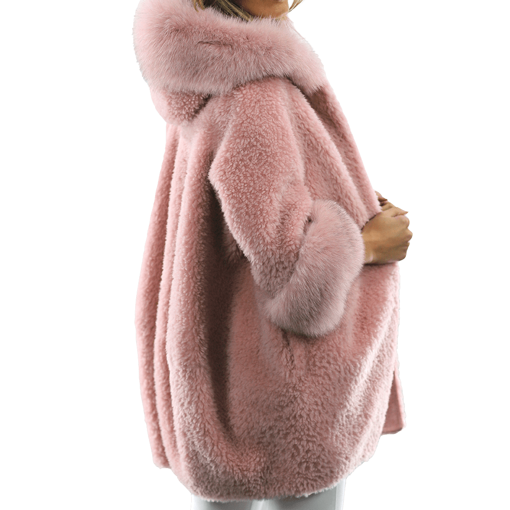 Teddy Coat with Fox Trim Hood/Cuffs - Pink - Coat - La Fiorentina TNF211_PINK