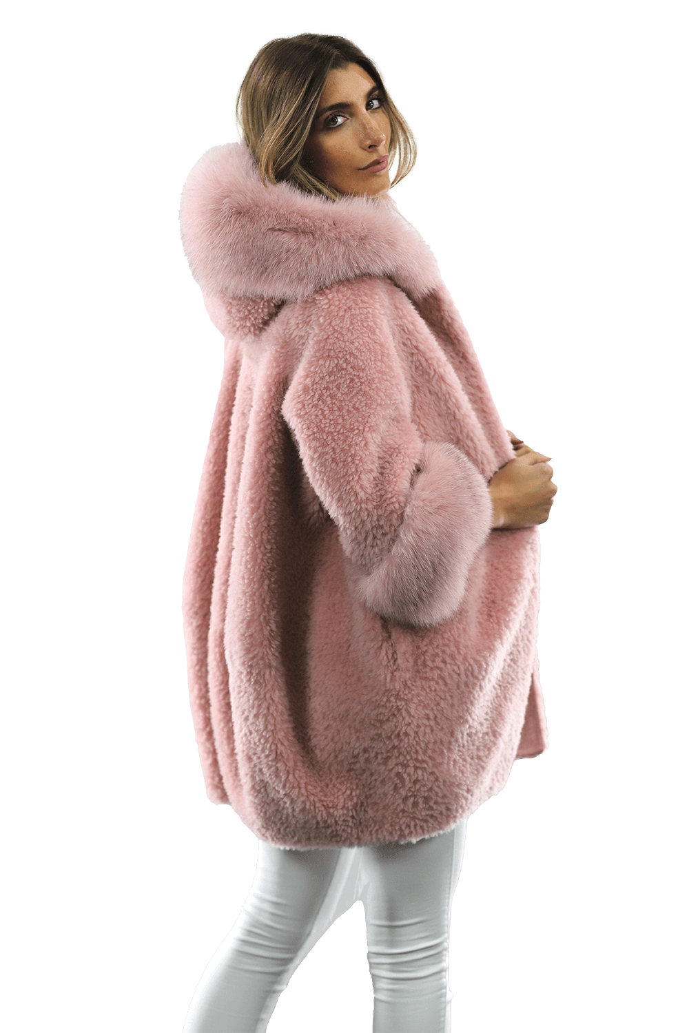 Teddy Coat with Fox Trim Hood/Cuffs - Pink - Coat - La Fiorentina TNF211_PINK